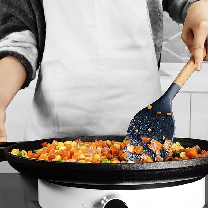 Silicone Cooking Utensils Set - 446°F Heat Resistant Silicone Kitchen Utensils for Cooking,Kitchen Utensil Spatula Set w Wooden Handles and Holder, BPA FREE Gadgets for Non-Stick Cookware (Navy Blue)