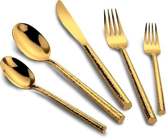 18/10 Stainless Steel Flatware Set Hand Forged Silverware Set Cutlery Set Shiny Gold Round Hammered Handle Mirror Finished 20 Pieces Service for 4