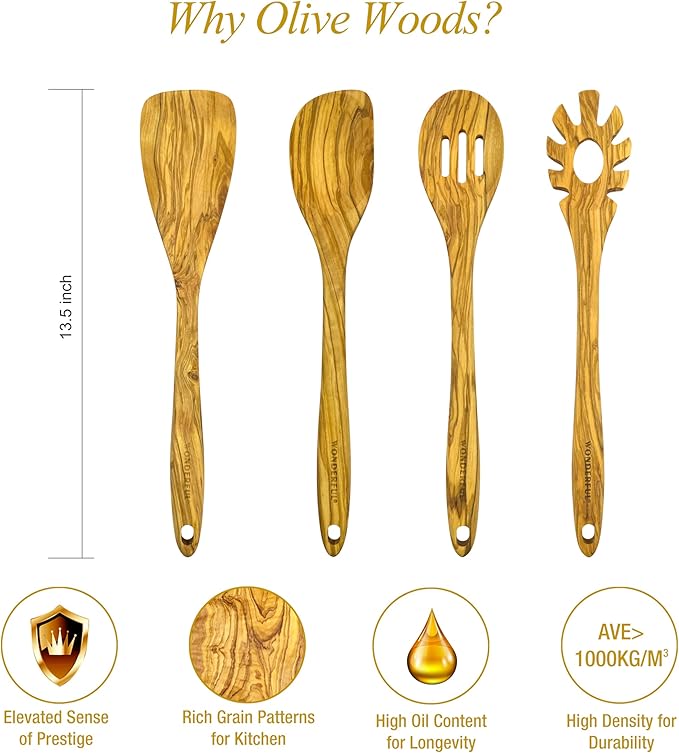 WONDERFUL 13.5 Inch Long Olive Wood Spaghetti and Pasta Server with Measurer, Ideal Spaghetti Server, Pasta Forks and Ladle