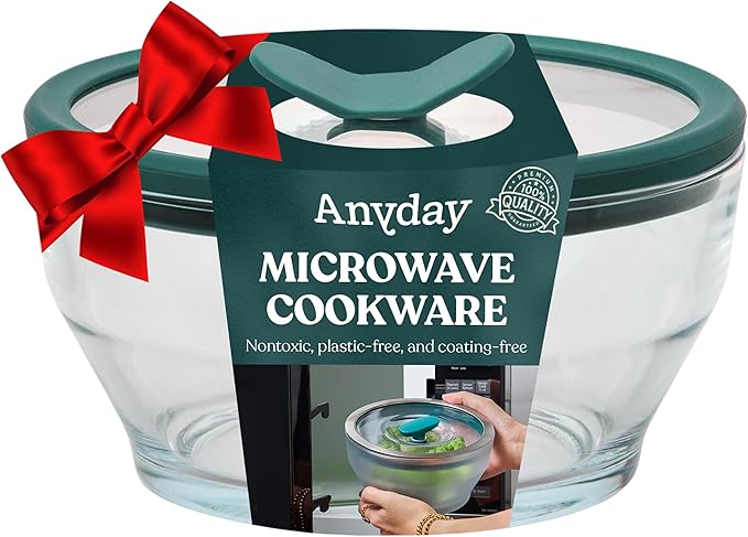 Anyday 4-Cup Glass Food Storage with Glass Lid, Round Deep Dish | Plastic-Free Meal Prep & Microwave Cookware | Stackable Airtight Storage Container with Vented Lid for Microwave-Safe Reheating