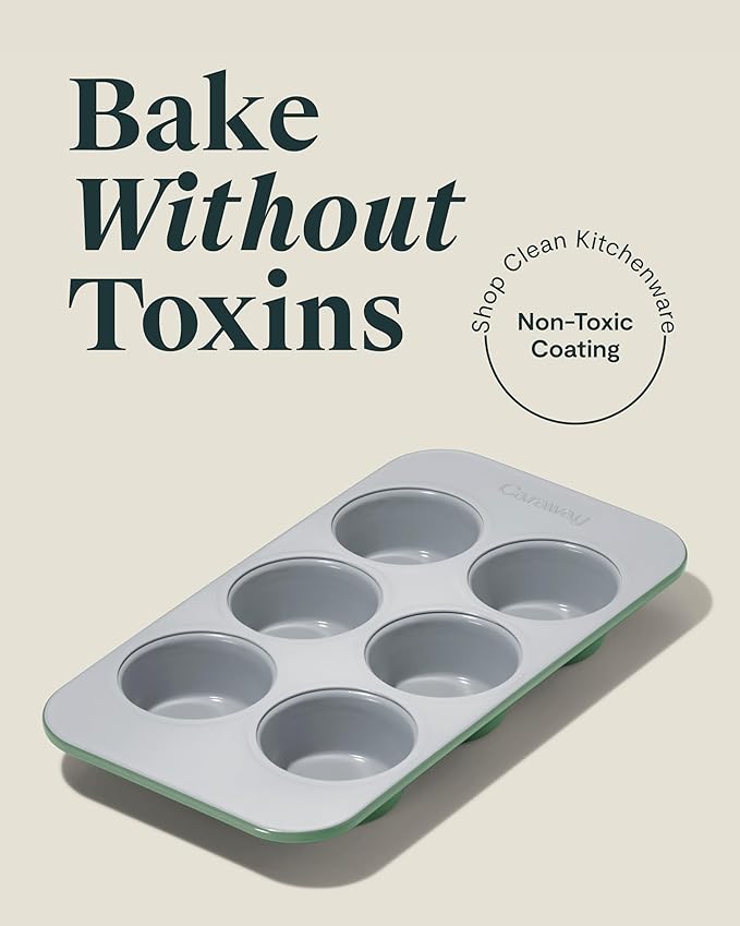 Caraway Nonstick Ceramic 6 Cup Muffin Pan Duo – Non-Toxic, PTFE & PFOA Free – Oven Safe – Aluminized Steel Core – Small Muffin Pan for Baking Cupcakes, Muffins & More - Sage