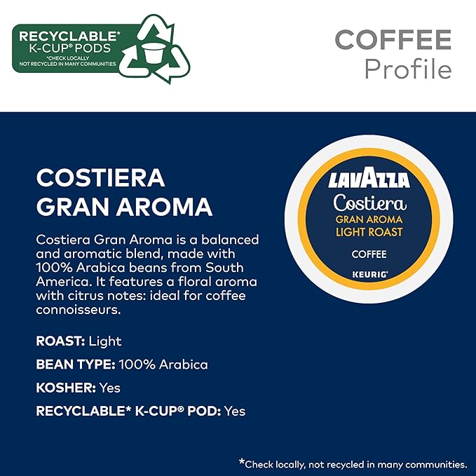 Lavazza Costiera Gran Aroma, Single-Serve Keurig K-Cup Pods, Light Roast Coffee, 88-Count Box (4 Packs of 22)