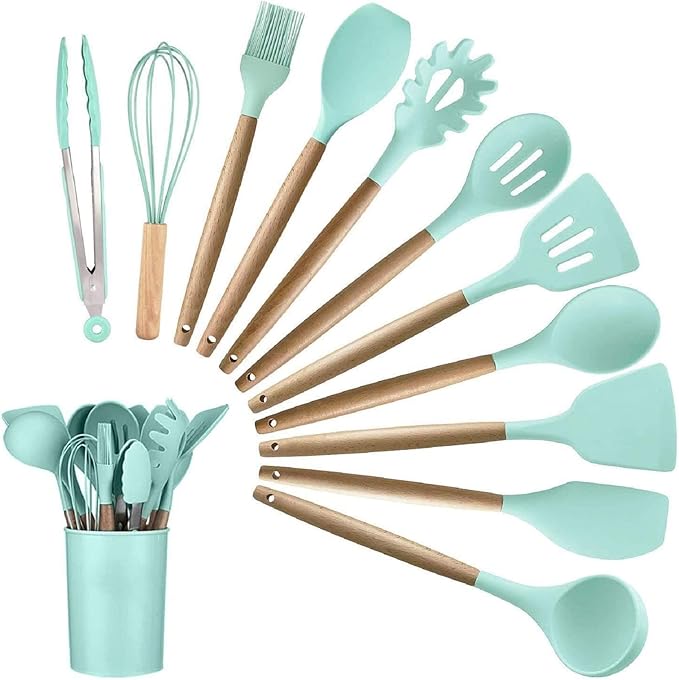 12PCS Kitchen Utensil Set Silicone Cooking Utensils Kit Spatula Heat Resistant Wooden Spoons Gadgets Tool for Non-Stick Cookware