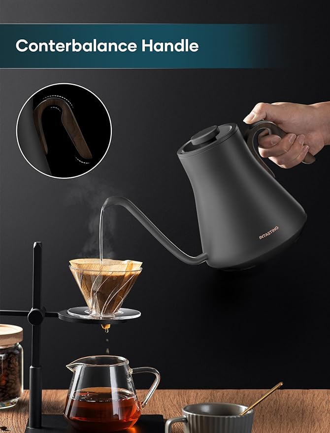 Gooseneck Electric Kettle with Precise ±1℉ Temperature Control, Wood-Accented Handle, Stainless Steel Interior, Quick Heating Pour Over Kettle for Coffee & Tea, 0.9L, Matte Grey