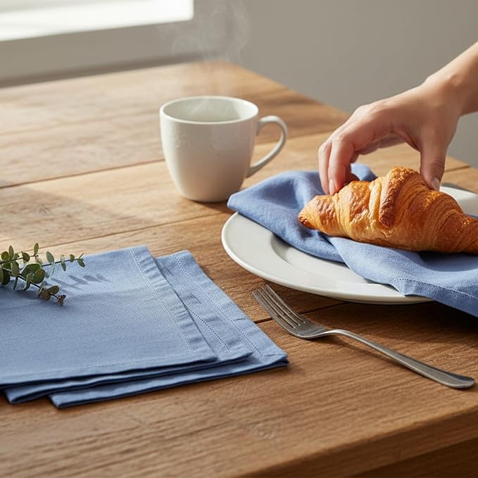 Hemstitched Linen Napkins – 20 Inch x 20 Inch – Stonewashed Pure Linen Cloth Dinner Napkins with Mitered Corners - 100% French Flax – Machine Washable - Set of 4 (Dusty Pastel Blue)