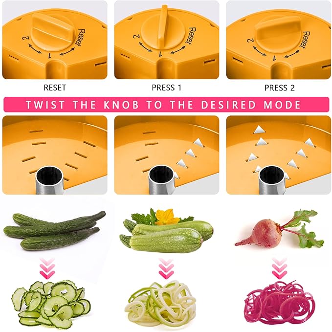 3 in 1 Vegetable Spiralizer Slicer, Adjustable Zucchini Carrot Noodle Maker, Cucumber Spiral Cutter, Easy to Use Kitchen Tool（Orange）