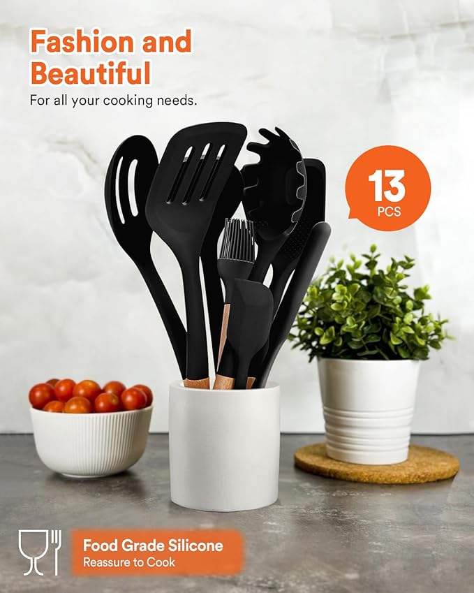 Kitchen Utensils Set, 13PCS Silicone Cooking Utensils, Heat Resistant Kitchen Utensil Spatula Set for Nonstick Cookware, Wooden Handles Kitchen Gadgets Tools Set