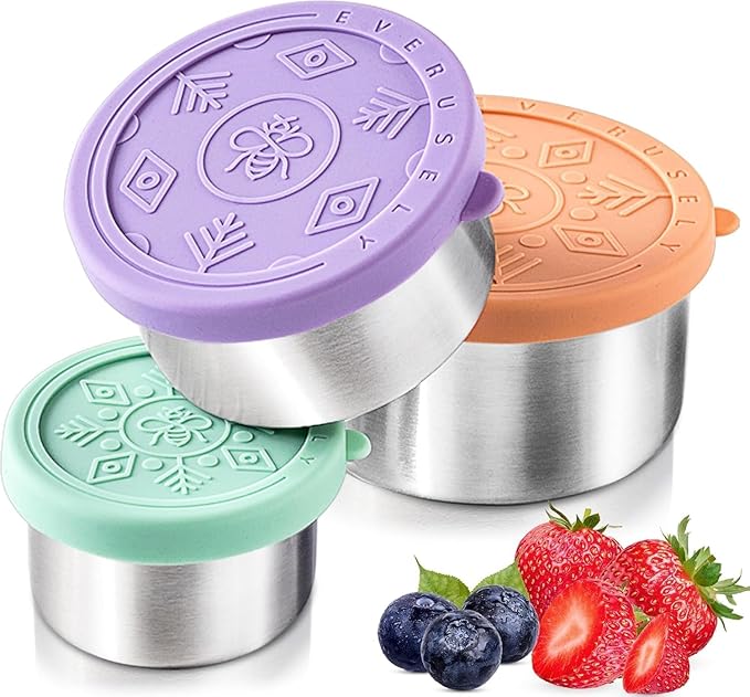 Everusely - Stainless Steel Food Containers - 3 Pack, Bright - Lunch Box - Snack Containers for Office, Home Food Storage - Leakproof with Silicone Lids - Dishwasher & Freezer Safe