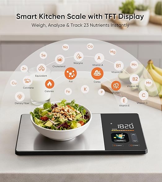 Smart Nutrition Food Scale with TFT Display, Tracks Calories, Fat, Carbs & Protein, Works with App for Daily Reports, 50 Built-in Foods, 23 Nutrients, Digital Kitchen Scale for Meal Prep