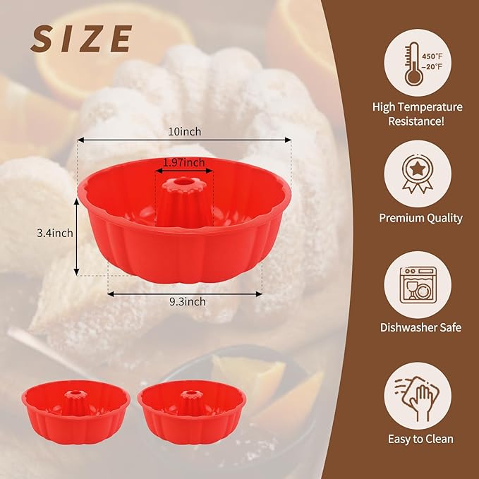 2 Pack Silicone Bundt Cake Pan Nonstick,10 Inch, Silicone Cake Molds,Pound Cake Pan, Baking for Jello,Gelatin,Cake,Brownie and Bread (Red+Red)