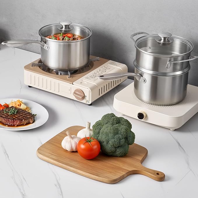 VEVOR 2.5 QT Saucepan with Steamer, Stainless Steel Saucepan with Glass Lid, Multipurpose Nonstick Stainless Steel Sauce Pot with Ergonomic Handle, Friendly for Oven, Dishwasher, Induction Cooker