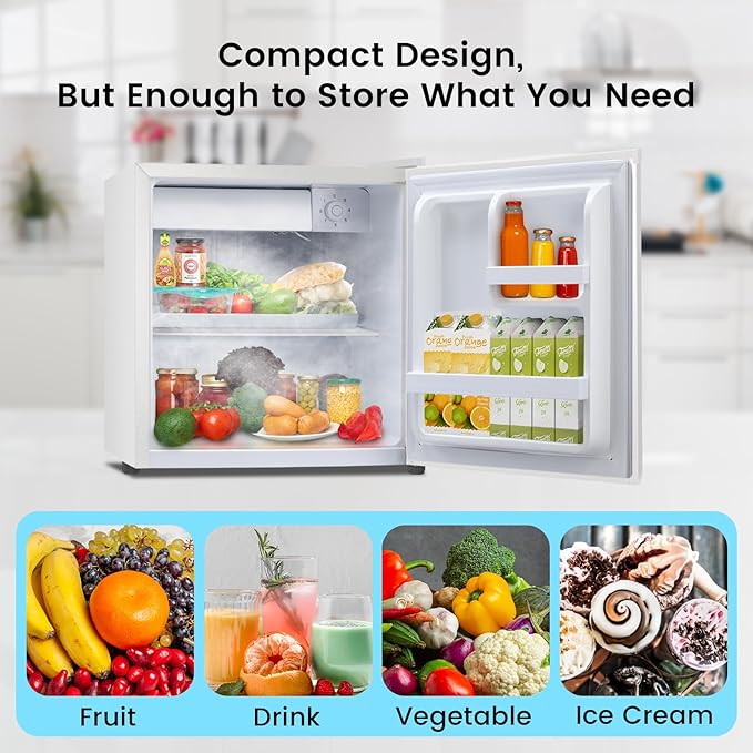 1.4 Cu.ft Mini Fridge with Freezer, Compact Refrigerator, Single Reversible Door, Ultra Quiet, Energy Efficient for Office, Dorm, Bedroom, Apartment, White