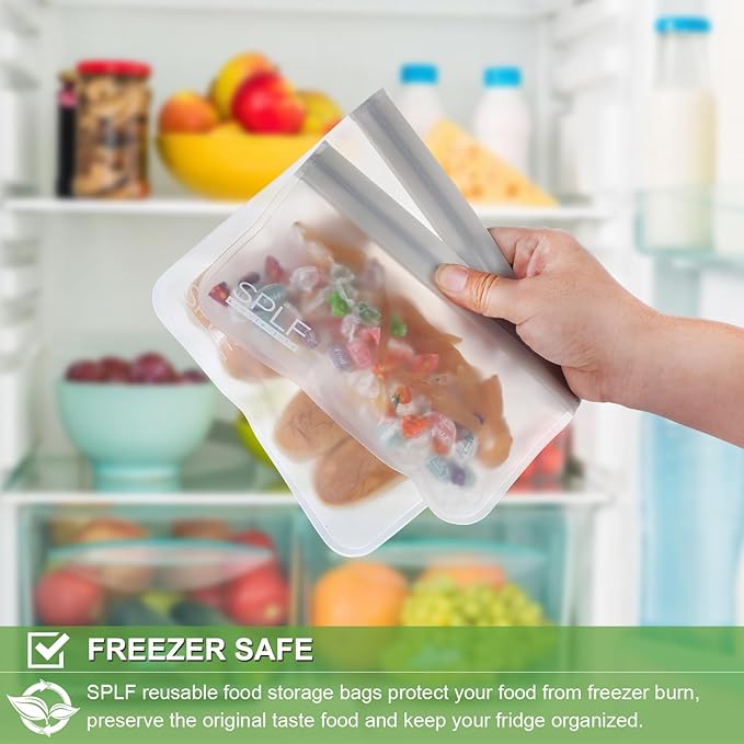 SPLF 10 Pack Reusable Sandwich Bags Dishwasher Safe, Reusable Quart Freezer Bags, Extra Thick Leakproof Food Storage Bags Silicone and Plastic Free for Marinate Meats, Cereal, Lunch, Travel Items Gray