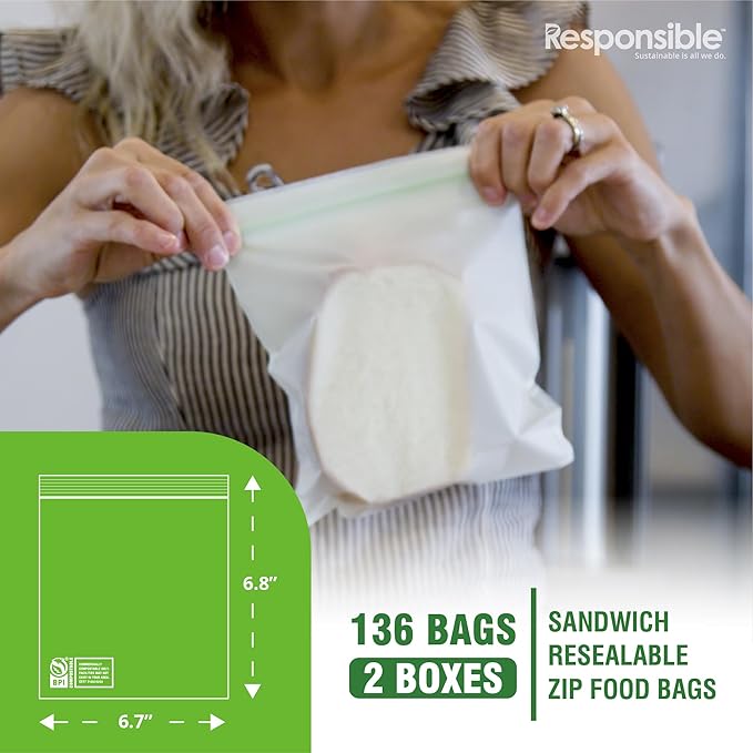 Certified Compostable SANDWICH Resealable Zip Bag, Extra Strength Food Bags, Made from Plant Materials (136 Pack)