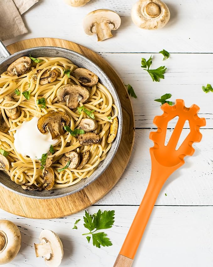 Silicone Pasta Fork, Kitchen Heat Resistant Noodle Spoon Server, BPA Free Spaghetti Strainer,12.8 inch (ORANGE)