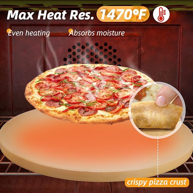 Pizza Stone 5 PCS Set, 15 Inch Large Round Pizza Stone Set for Oven & Outdoor Grill with Metal Pizza Peels & Cutter Rocker, 0.6'' Thickened Stone Pizza Pan, Grill Baking Stone for Pizza, Bread