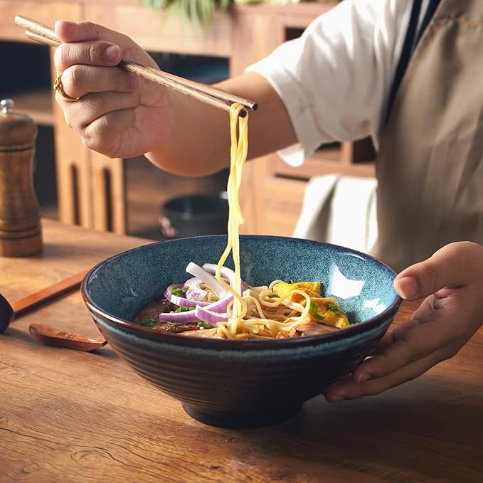 Ceramic Japanese Style Ramen Bowl Set with Chopsticks,8 inch 40 oz Pho Bowls & Asian Soup Bowl and Spoons Set for Udon Noodle,Soba,Miso Soup,Set of 2 (blue)