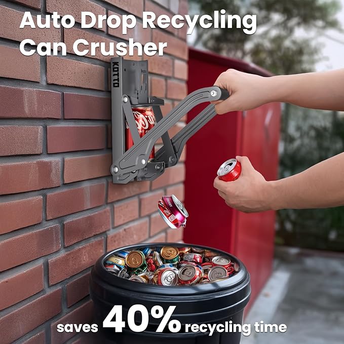 Kotto Can Crusher - Wall Mounted Can Crushers for Recycling - with Auto-Drop System -Built-in Bottle Opener-Crushes 8-16oz Cans-Includes Kitchen Storage Bag-Heavy Duty Can Crusher for Home Use-Gray