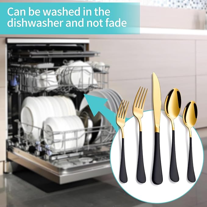 20-Piece Gold and Black Silverware Set for 4, 18/0 Stainless Steel Flatware Cutlery Utensils Set, Include Dinner Knives,Dinner Forks,Dinner Spoons,Salad Forks,Teaspoons,Dishwasher Safe