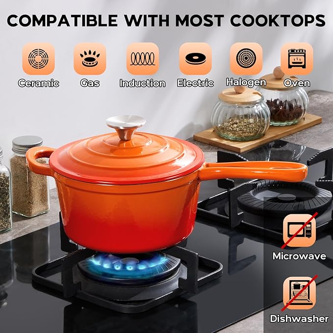 Onader 2 Quart Saucepan with Lid, Enameled Cast Iron Sauce Pan, Small Cooking Sauce Pot, Enamel Dutch Oven Pot Nonstick – Sunset Orange