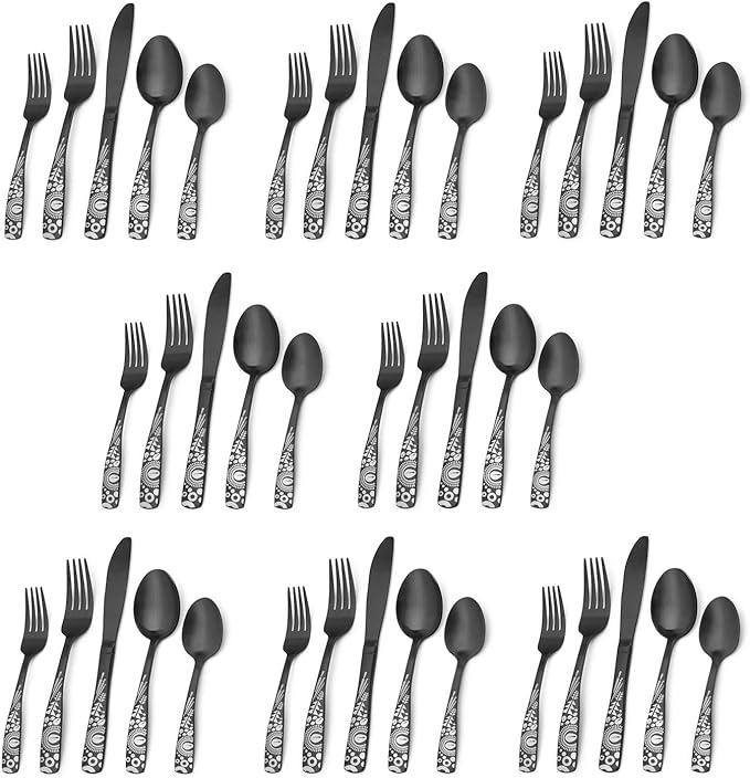 Matte Black Silverware Set, Bysta 40-Piece Stainless Steel Flatware Set, Kitchen Utensil Set Service for 8, Tableware Cutlery Set for Home and Restaurant, Dishwasher Safe, Satin Finish