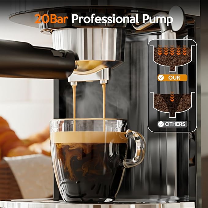 20 Bar Espresso Machine Semi-Automatic, Professional Coffee Maker with Milk Frother Steam Wand & 45OZ Removable Water Tank, Home Barista System for Cappuccino, Latte, Americano-Stainless Steel