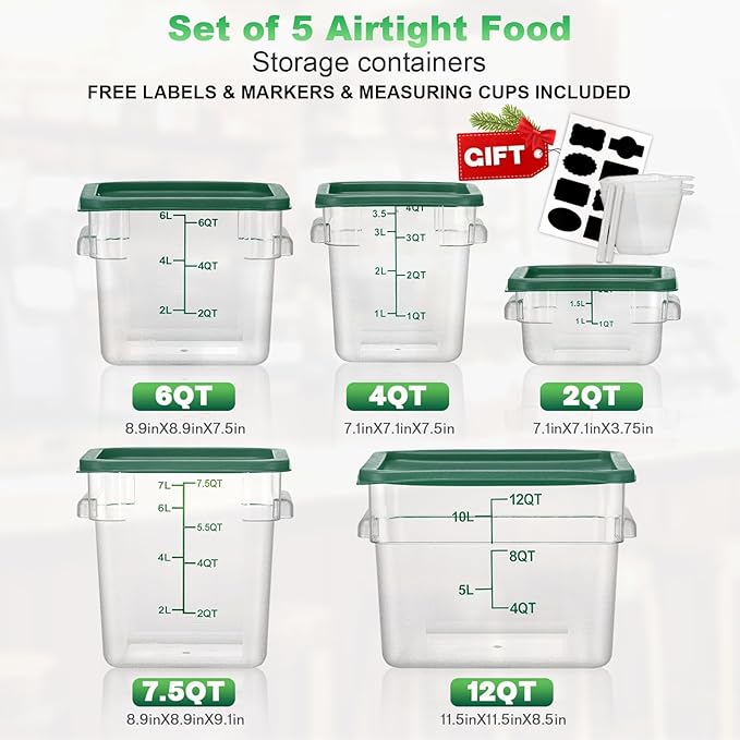 4QT NSF Food Storage Containers with Lids: 4 PCS [Total Food Grade][Hot&Cold Resistant] Commercial Clear Food Storage Containers for Restaurant Kitchen Proof Dough, Measuring Spoons Included(Green)