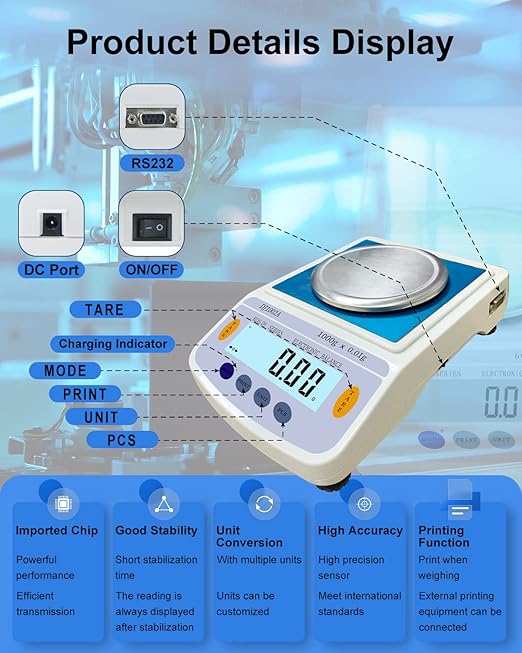 Precision Lab Scale 1000gx0.01 Gram Resolution, 10mg LCD Lab Analytical Scale/Kitchen Scale/Medicine Scale/Industrial Scale/Gold Scales（Support Printing）