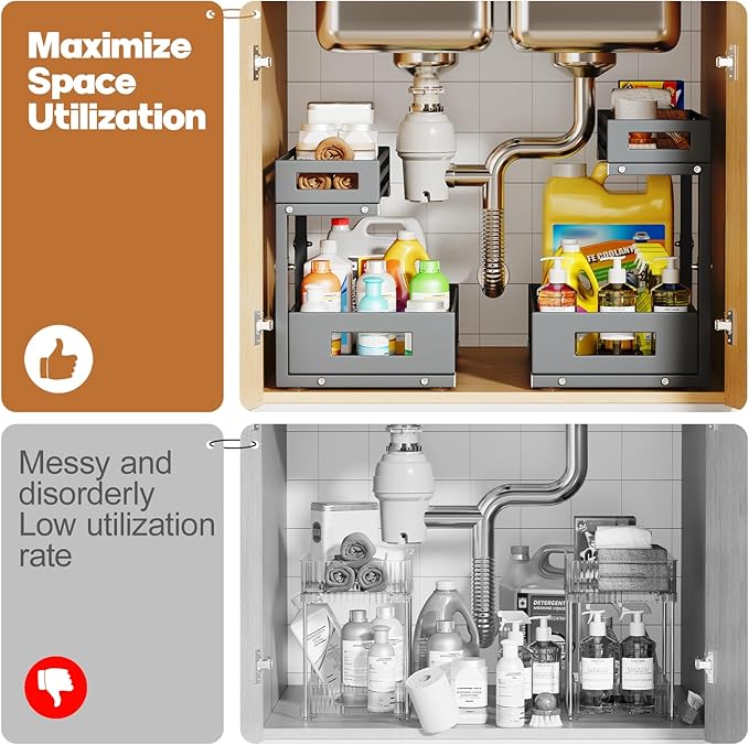 1-Pack Under Sink Organizers and Storage,2-Tier L Shape Pull Out Cabinet Organizer With Round Tube Slide Rails,Hight Adjustable Slide Out Drawers for Kitchen&Bathroom,Multi-Purpose Storage Shelf-Gray