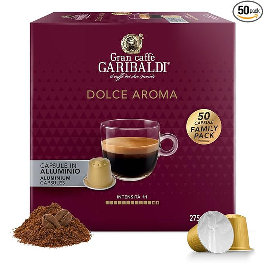 Gran Caffè Garibaldi Espresso Pods, Italian Roasted Coffee, Compatible Nespresso Original Line Machines, Nitrogen Flushed, Full-Bodied Crema, Almond & Dried Fruit - Dolce Aroma 50 Aluminum Cups