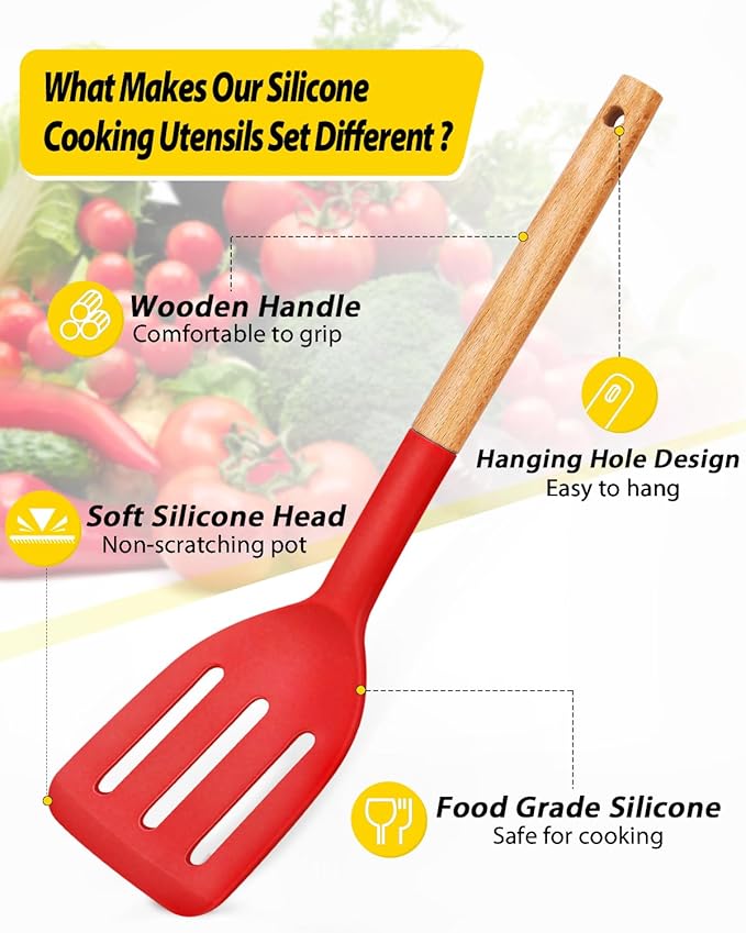 Pack of 4 Silicone Cooking Utensils Set, Non Stick Solid Spatulas and Heat Resistant Slotted Spoons with Wooden Handle, Ideal Wood Kitchen Utensils Set for Frying,Serving,Turning,Stirring (RED)