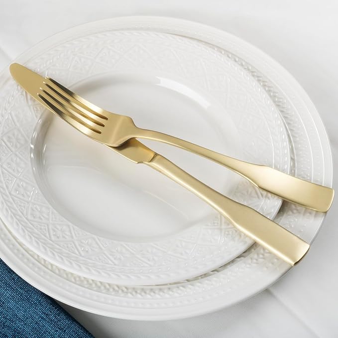 Alata Kate Champagne Gold Satin 40-Piece Silverware Set, Service for 8, Stainless Steel Flatware Set, Matte Polished Cutlery Set, Dishwasher Safe