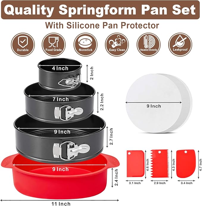 4 7 9 Inch Springform Pan Set of 3, Leakproof Cheesecake Pan with Protector, Nonstick Spring Form Pans for Cheesecake, Round Cake Pans Sets for Baking with Removable Bottom and 50Pcs Parchment Paper
