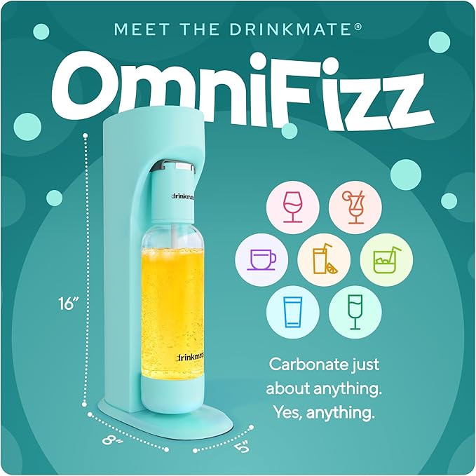 Drinkmate OmniFizz Sparkling Water and Soda Maker, Carbonates Any Drink, ULTIMATE BUNDLE - Includes three 60L CO2 Cylinders, Two Carbonation Bottles, and Fizz Infuser (Arctic Blue)