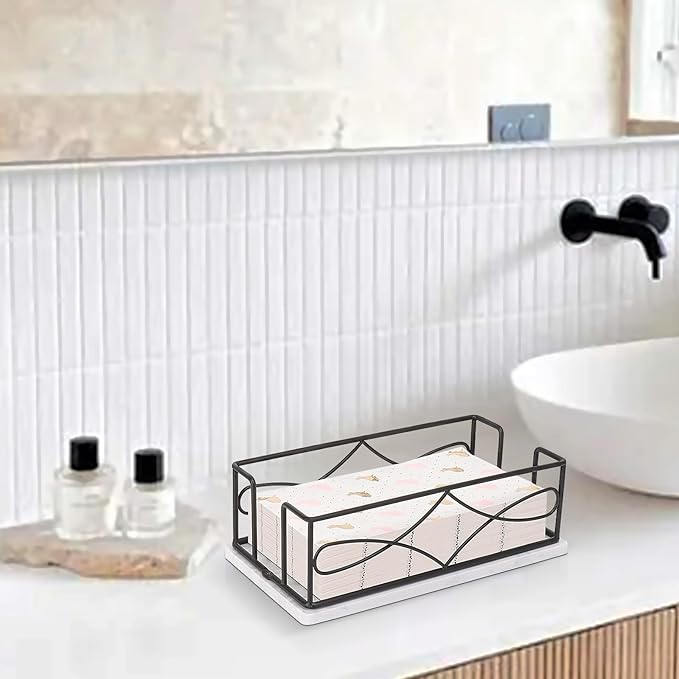 Napkin Holder with Marble Base, Guest Towel Paper Dispenser for Table, Modern Metal Napkin Stand, Ideal for All Bathroom Vanity, Kitchen Decor Accessories (Matte Black, 3.2 Inch)