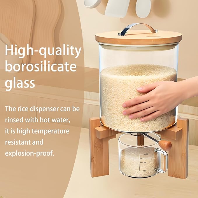 Rice Dispenser, Rice Storage Container, Flour and Cereal Container for Kitchen Organization and Pantry Store, Glass Cereal dispenser with Airtight Lid and Wooden Stand 5L