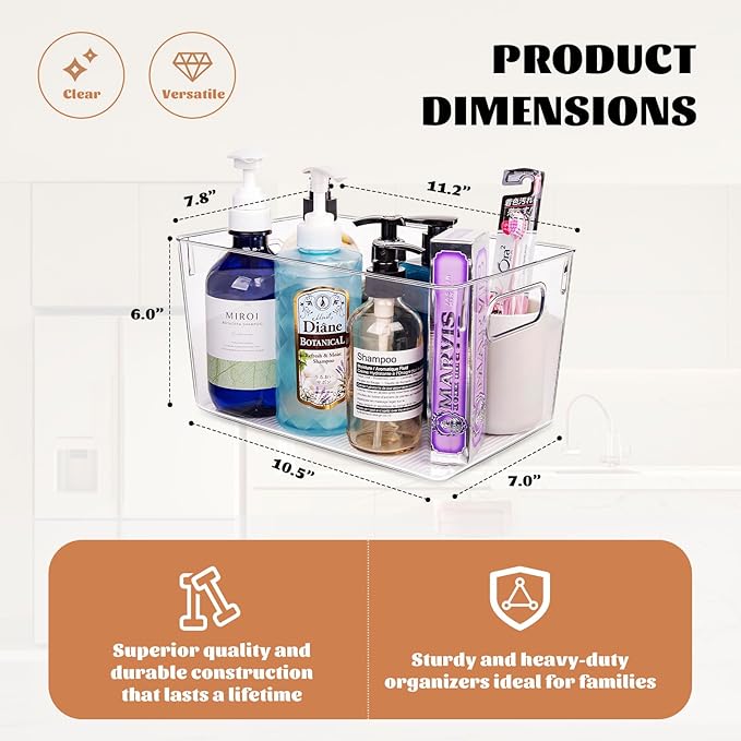 Clear Plastic Storage Bins-6 Pack Large Pantry Organizers and Storage Containers for Kitchen, Bathroom, Under-Sink, Office, Closet, Garage, Freezer and Snack