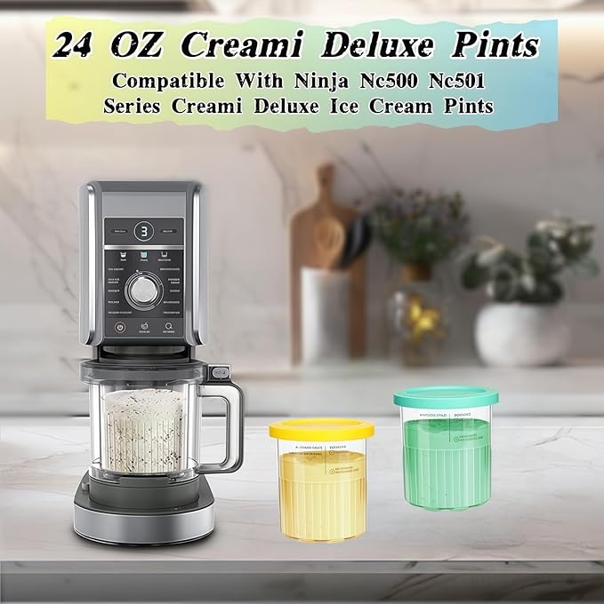 Compatible with Ninja NC500 NC501 Series Ice Cream Makers, 24 oz Ninja Creami Deluxe Pints and Lids, Ice Creami Deluxe Pints, ice creami container,BPA-Free,Dishwasher Safe,2Pack-Blue/Yellow