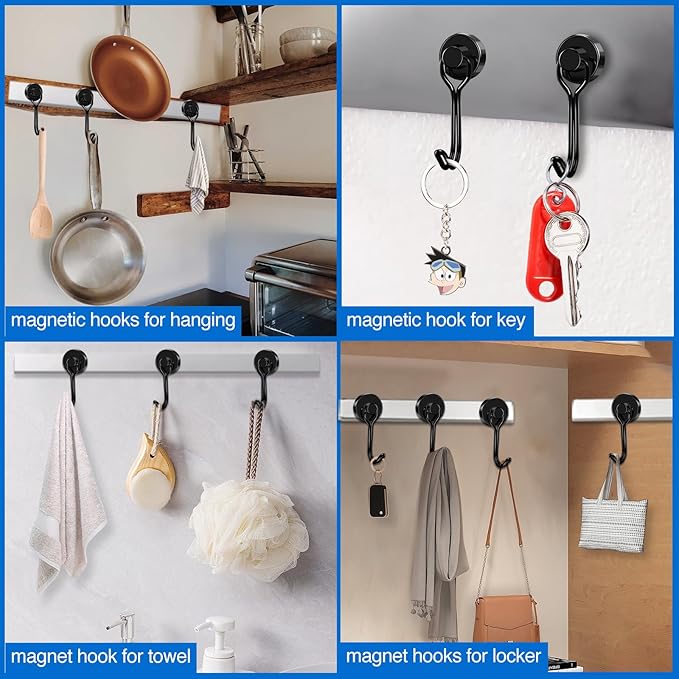 LOVIMAG Hooks, 40lbs+ Magnetic Magnet Hook 2025 Cruise Cabin Ship Essentials Heavy Duty Strong Refrigerator Fridge Hanging for Classroom Beach Vacation Kitchen Grills Home Mug Hanger (6 Pack), Black