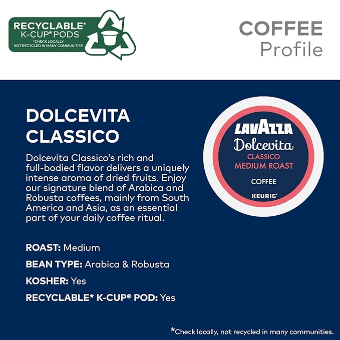 Lavazza Dolcevita Classico, Single-Serve Keurig K-Cup Pods, Medium Roast Coffee, 88-Count Box (4 Packs of 22)