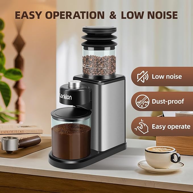 Coffee Grinder, Lonkion Conical Burr Coffee Grinder with 25 Grind Settings for 12 Cups, Home Use, Big Capacity Design, Stainless Steel