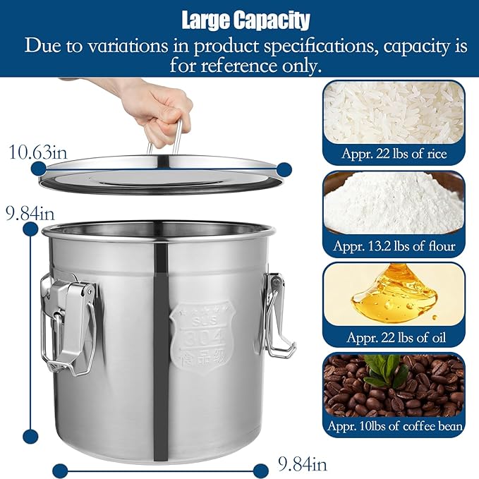 304 Stainless Steel Airtight Canister, 3.17Gal/405oz Airtight Food Storage Container with Lid and Lock Clips, Large Metal Pantry Storage Canister for Coffee Beans, Flour, Tea, Sugar, Cereals