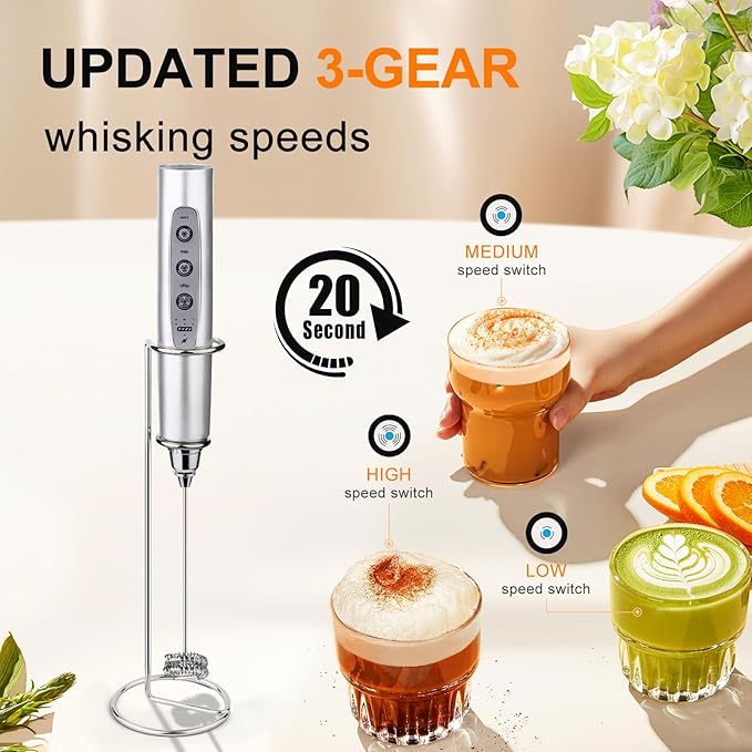 YUSWKO Silver Rechargeable Milk Frother for Coffee with Stand, Handheld Drink Mixer with 3 Heads 3 Speeds Electric Stirrers for Latte, Cappuccino, Hot Chocolate, Egg