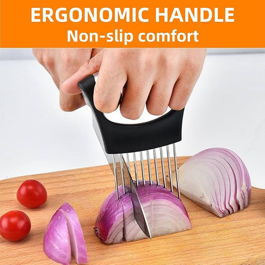 Onion Holder for Slicing, Upgrade Stainless Steel Onion Slice Holder Lemon Slicer Vegetable Cutter, Assistant Tool for Slicing Fruit, Potato, Tomato and Meat (2 Pack)
