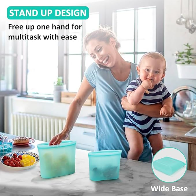 Reusable Sandwich & Snack Bags, 8 Pack 100% Silicone Food Storage Bags Stand Up Zip Lock for Food Container, Freezer Microwave Oven Dishwasher Safe, 4 Small 4 Extra Small, Aqua