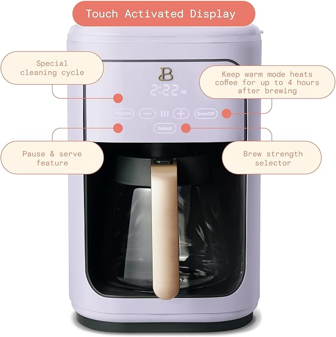 Beautiful 14-Cup Programmable Drip Coffee Maker | Touch-Activated Display, 24-Hr Auto Brew, Reusable Gold-Tone Filter, Charcoal Water Filter, 3 Strengths by Drew Barrymore (Lavander)