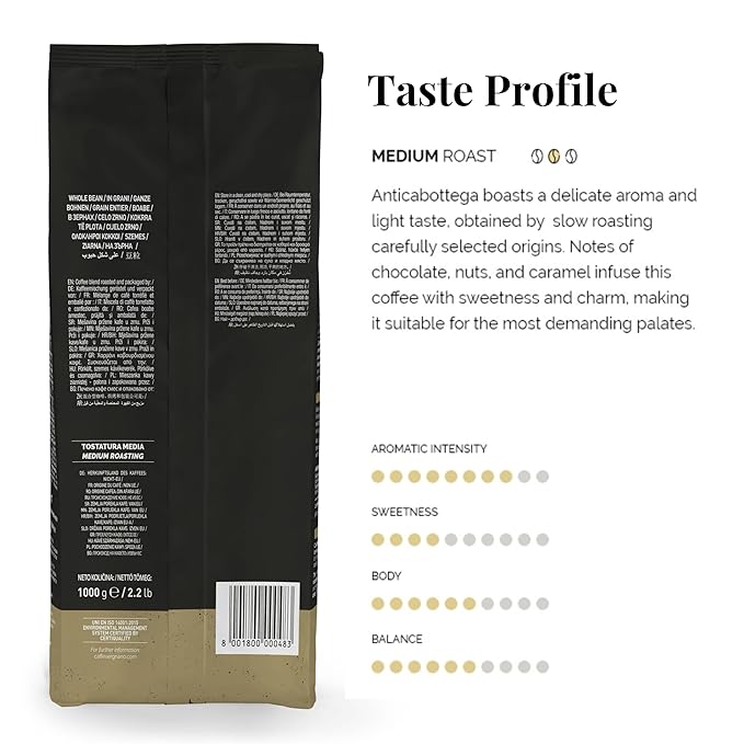 Caffe Vergnano 1882 Antica Bottega Whole Bean Arabica Medium Roast Espresso, 2.2 lbs Bag - Italian Coffee Beans with notes of Chocolate, Nuts & Caramel, Intensity 5/10-1000g Bag (2 Pack)