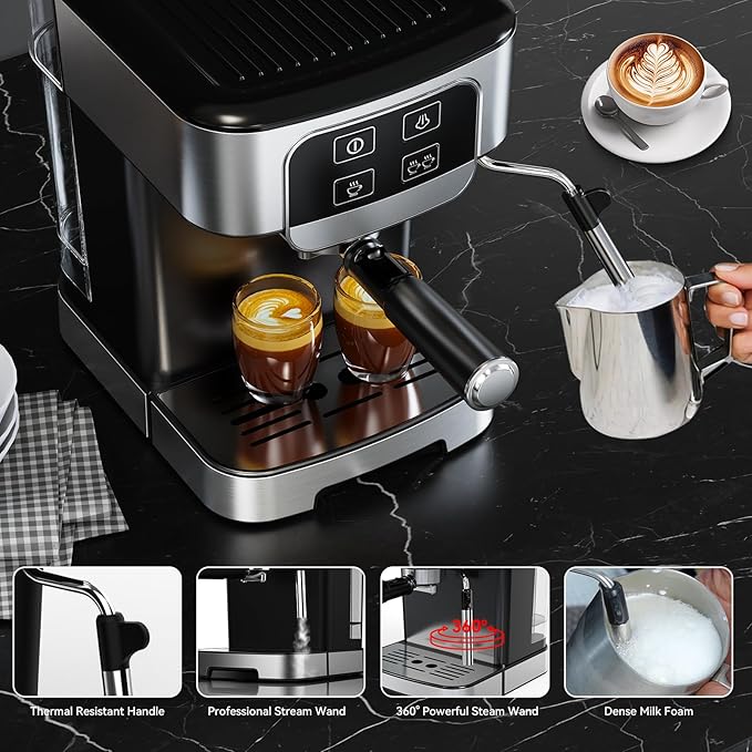 TEM612 Espresso Machine 20 Bar with Steam Milk Frother, Stainless Steel Coffee Machine with Removable Water Tank for Cappuccino,Latte, Compact Stainless Steel Coffee maker for home
