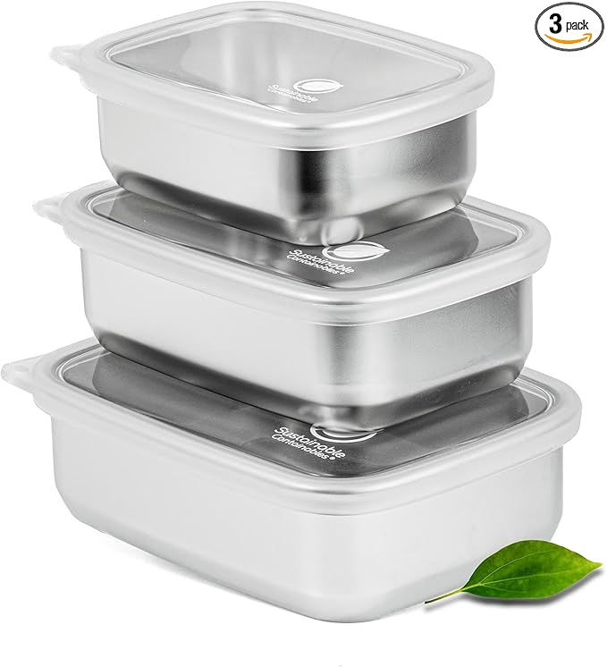 Stainless Steel Food Storage Containers with Clear Platinum Silicone Lids, Airtight, Leakproof 18/8 (304) Food Grade SS Nested 3Pk 20/30/40 oz Plastic-Free