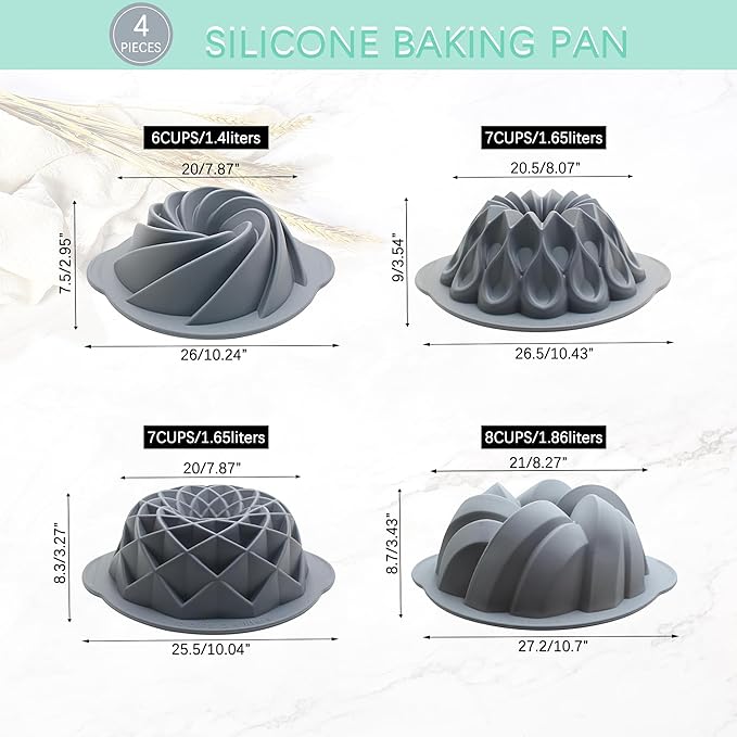 Tongjude 4 Pieces Silicone Fluted Cake Pans, 6/7/8 Cups Tube Baking Pan, Non-Stick Kitchen Oven Baking Pans, Silicone Molds for Homemade Cake, Bread and Jello, Grey